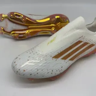 Adidas F50 White Orange Sock-Fit Upper Iridescent Gold Heel Plate Firm-Ground Soccer Shoes