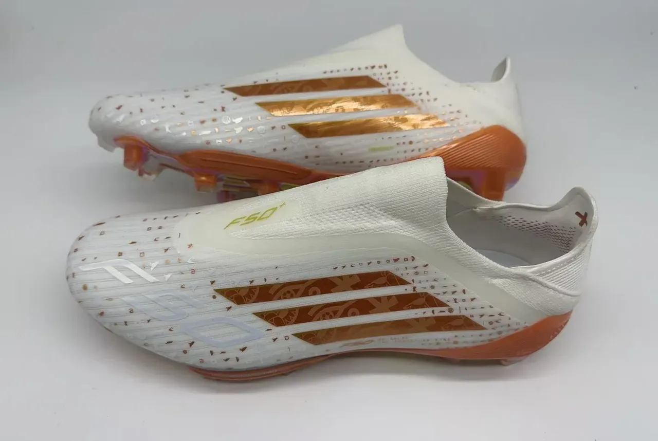 Adidas F50 White Orange Sock-Fit Upper Iridescent Gold Heel Plate Firm-Ground Soccer Shoes 3
