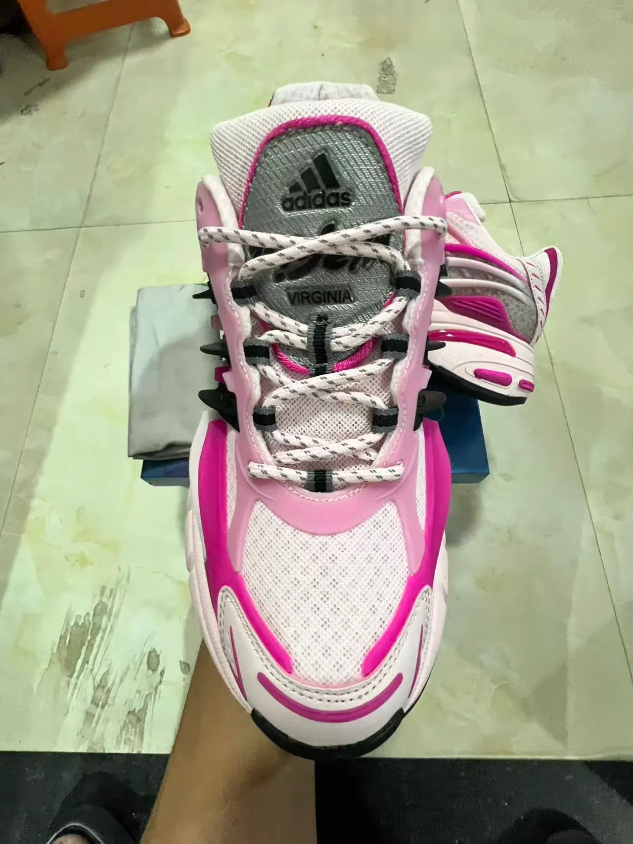 Adidas Pink White Platform Sole Layered Mesh And Plastic Overlays Chunky Sneakers 3