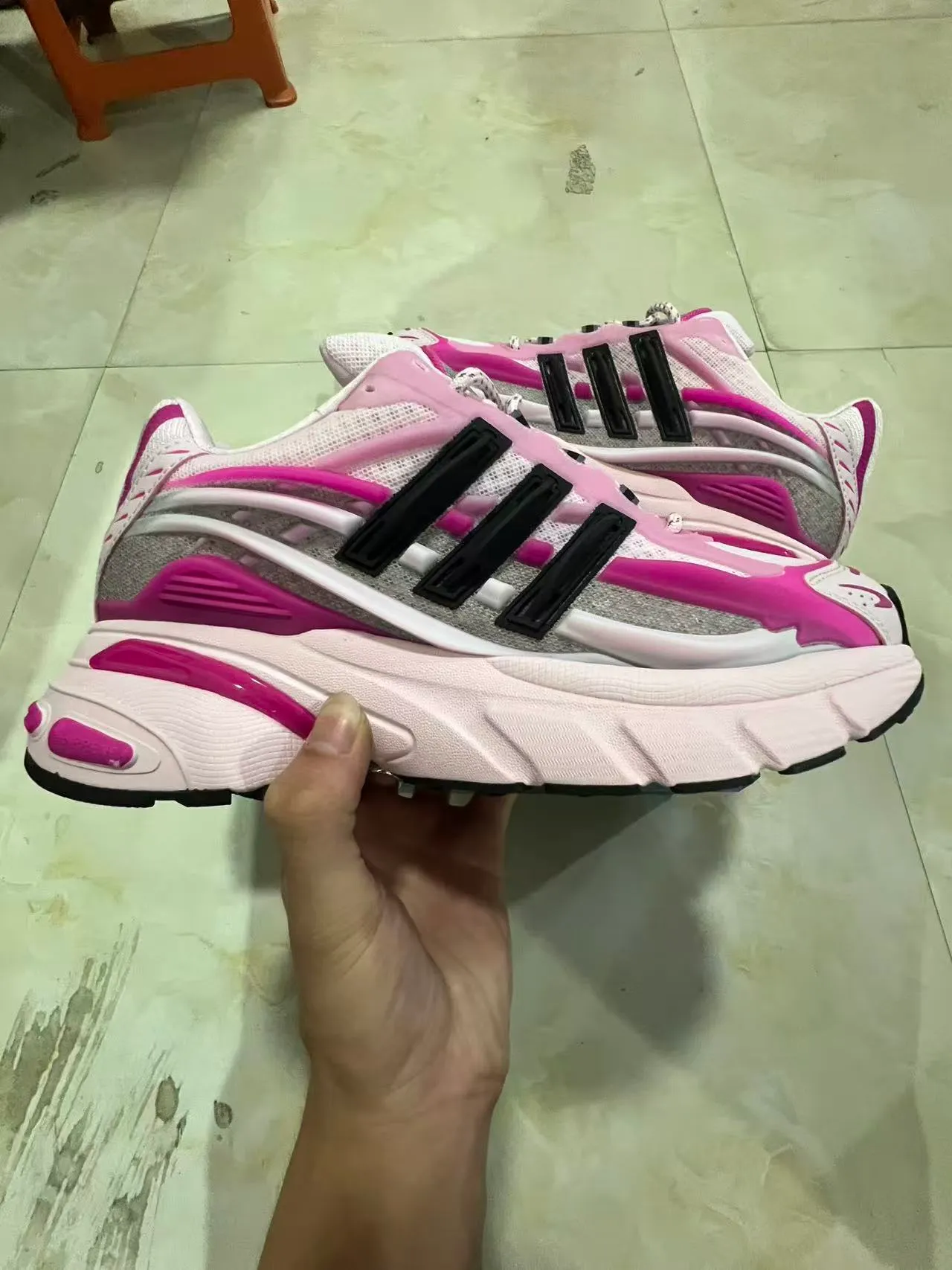 Adidas Pink White Platform Sole Layered Mesh And Plastic Overlays Chunky Sneakers 7