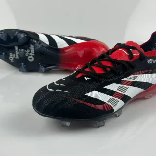 Adidas Predator Black Red Textured Synthetic Upper Three-Stripe Side Branding Firm-Ground Soccer Shoes
