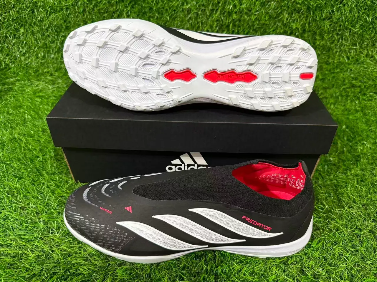 Adidas Predator Nanostrike Preto Branco Vermelho Sapatos de Futebol para Gramado Artificial 7