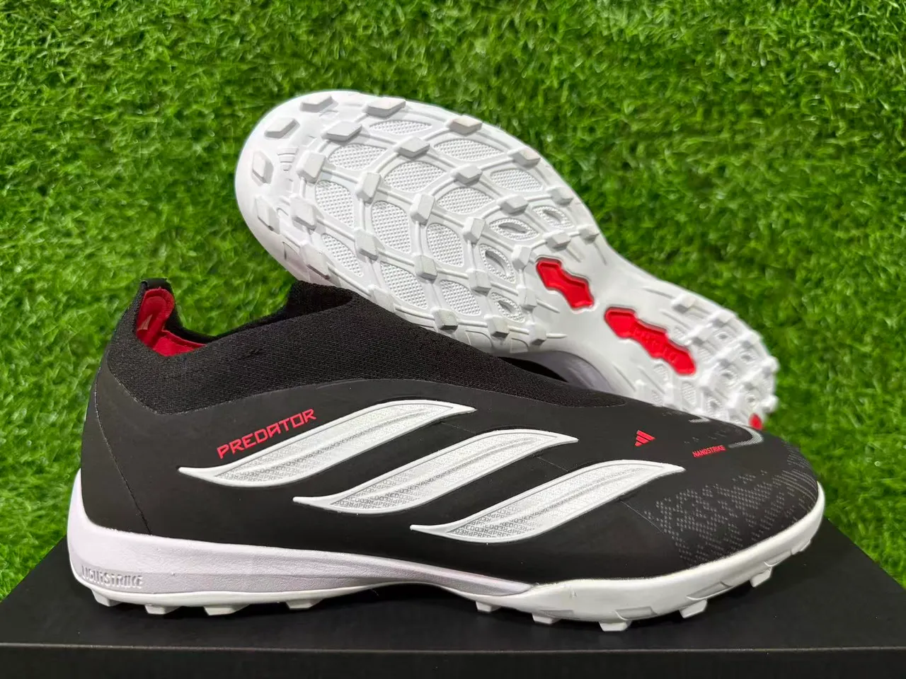 Adidas Predator Nanostrike Preto Branco Vermelho Sapatos de Futebol para Gramado Artificial 9