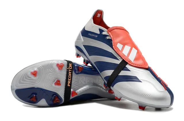Adidas Predator Silver Navy Asymmetrical Strap Closure Wave-Patterned Midfoot Cage Firm-Ground Soccer Shoes 3