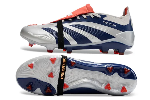 Adidas Predator Silver Navy Asymmetrical Strap Closure Wave-Patterned Midfoot Cage Firm-Ground Soccer Shoes 5