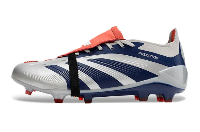 Adidas Predator Silver Navy Asymmetrical Strap Closure Wave-Patterned Midfoot Cage Firm-Ground Soccer Shoes 8