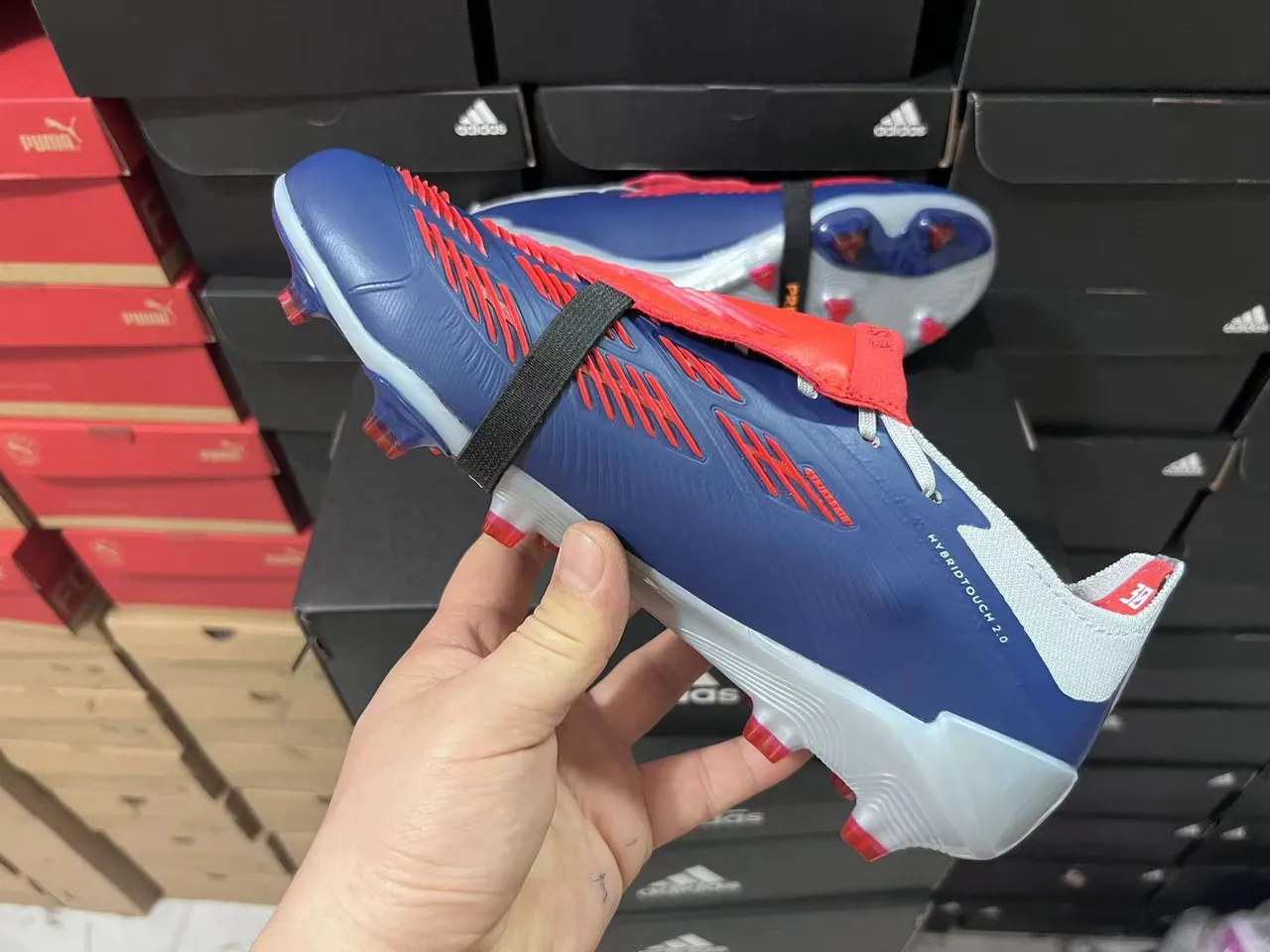 Adidas Predator Silver Navy Asymmetrical Strap Closure Wave-Patterned Midfoot Cage Firm-Ground Soccer Shoes 12
