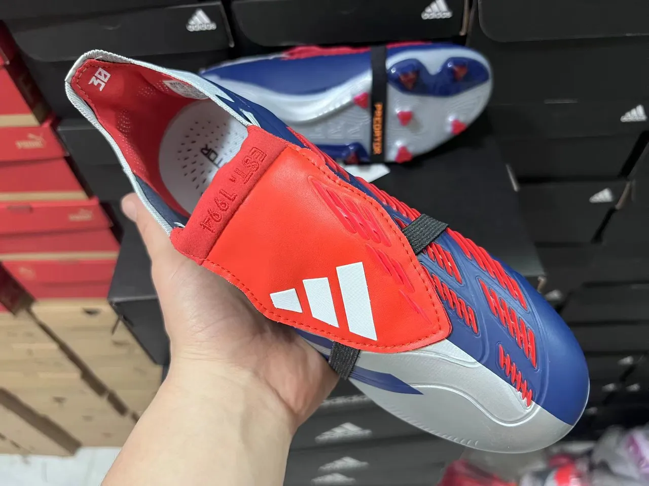 Adidas Predator Silver Navy Asymmetrical Strap Closure Wave-Patterned Midfoot Cage Firm-Ground Soccer Shoes 13