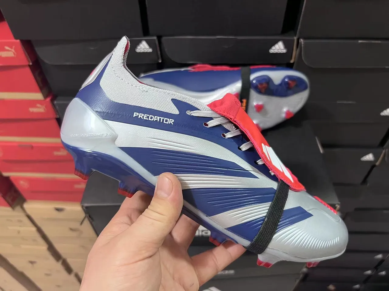 Adidas Predator Silver Navy Asymmetrical Strap Closure Wave-Patterned Midfoot Cage Firm-Ground Soccer Shoes 14