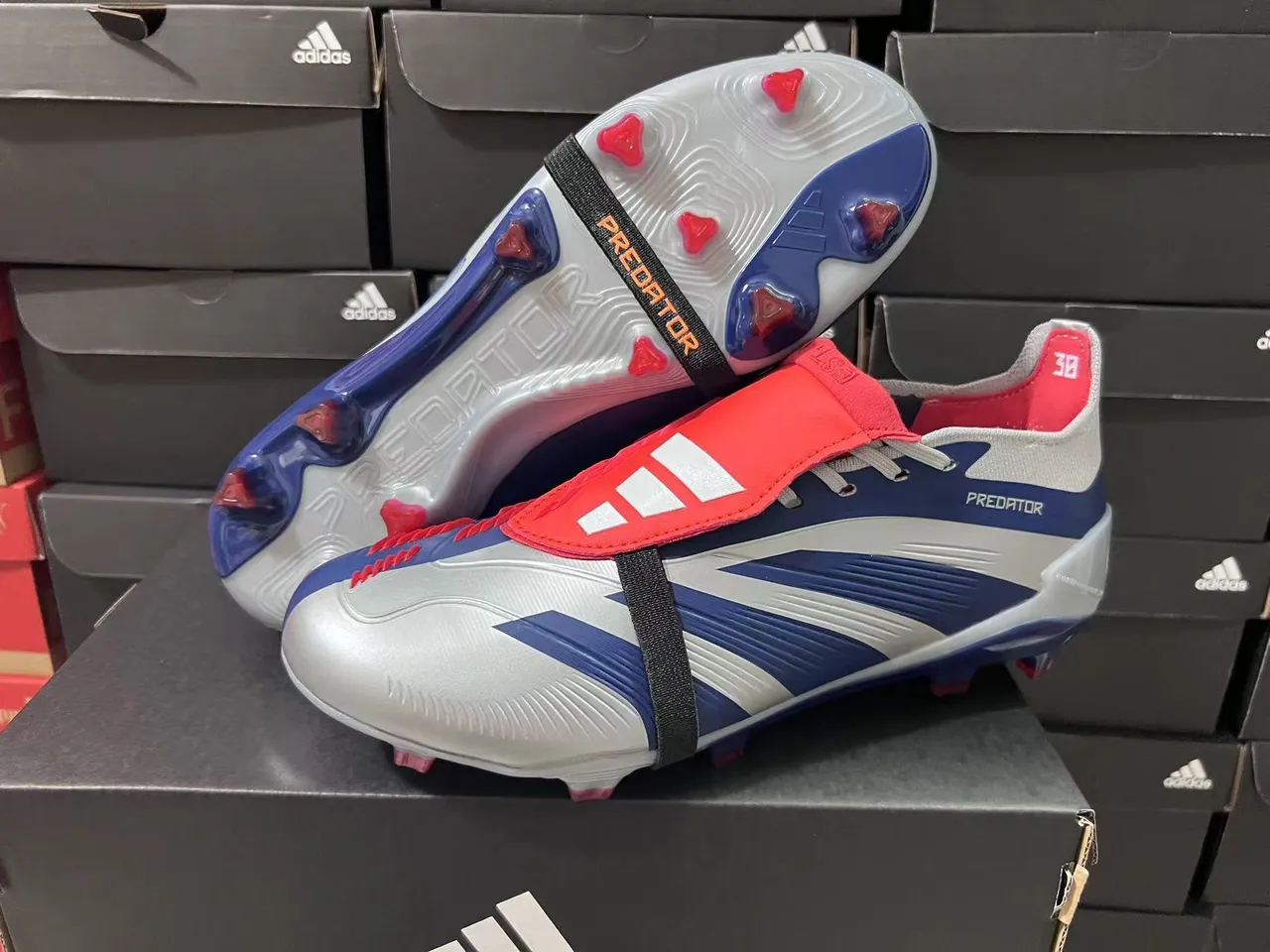 Adidas Predator Silver Navy Asymmetrical Strap Closure Wave-Patterned Midfoot Cage Firm-Ground Soccer Shoes 15