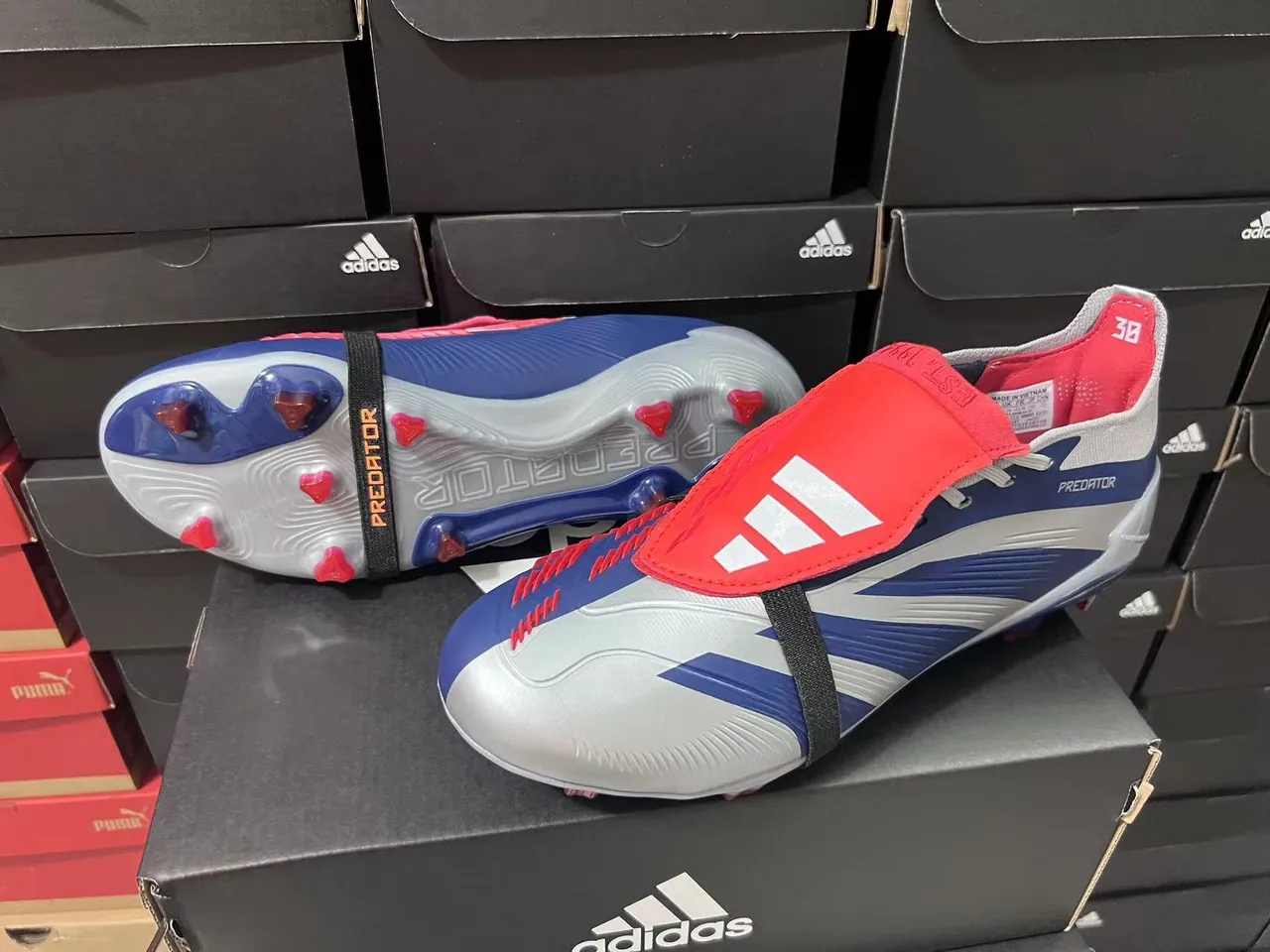 Adidas Predator Silver Navy Asymmetrical Strap Closure Wave-Patterned Midfoot Cage Firm-Ground Soccer Shoes 16