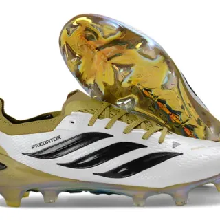 Adidas Predator White Gold Textured Synthetic Upper Asymmetrical Lacing Firm-Ground Soccer Shoes