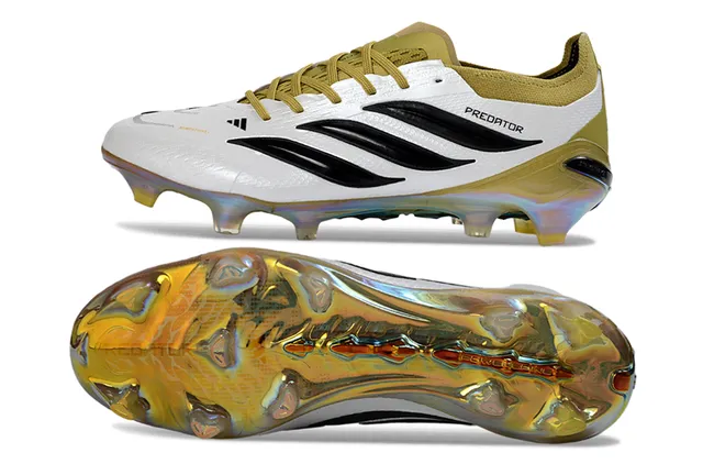 Adidas Predator White Gold Textured Synthetic Upper Asymmetrical Lacing Firm-Ground Soccer Shoes 6