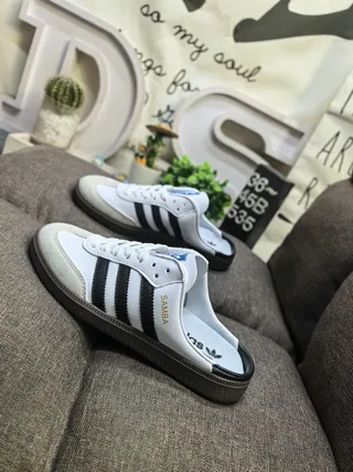 Adidas Samba White Black Slip-On Mule Three-Stripe Side Panel Loafer 7