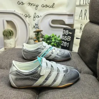Adidas Spezial Silver White Laceless Strap Closure Metallic Snakeskin-Textured Upper Lifestyle Sneakers