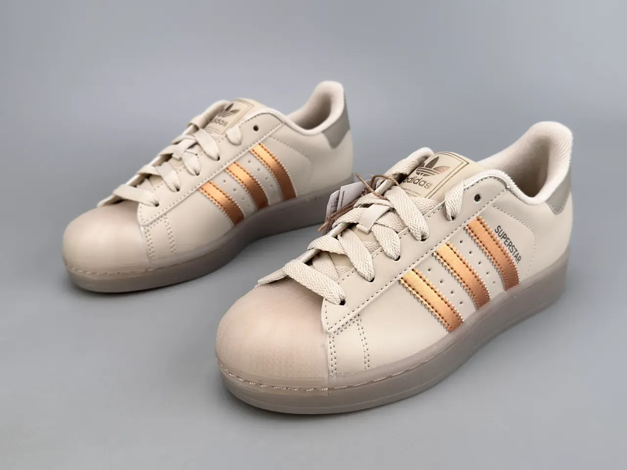 Adidas Superstar Beige Gold Shell-Toe Metallic Three Stripes Lifestyle Sneakers 3
