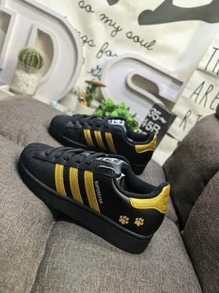 Adidas Superstar Black and Gold Paw Print Lifestyle Sneakers 7
