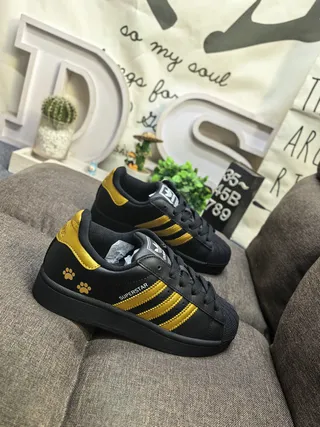 Adidas Superstar Black and Gold Paw Print Lifestyle Sneakers 9