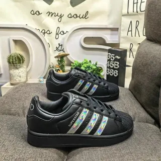 Adidas Superstar Black Multicolor Shell-Toe Holographic Stripes Lifestyle Sneakers
