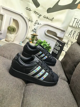 Adidas Superstar Black Multicolor Shell-Toe Holographic Stripes Lifestyle Sneakers 9