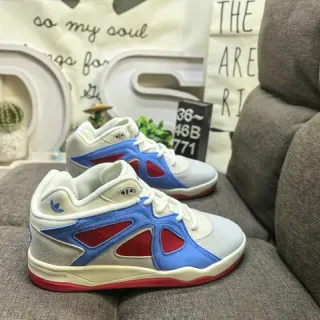 Adidas White Blue Layered Synthetic Overlays Triangular Red Mesh Cutouts Lifestyle Sneakers