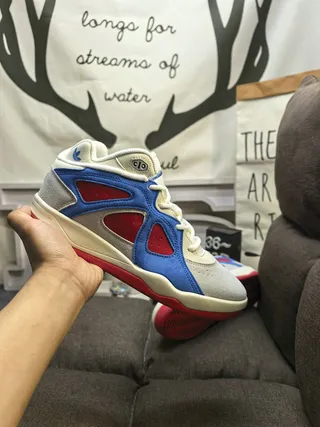 Adidas White Blue Layered Synthetic Overlays Triangular Red Mesh Cutouts Lifestyle Sneakers 5