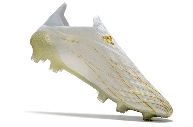 Adidas Chaussures de football blanches dorées avec upper en tricot rayures métalliques pour terrain ferme 2