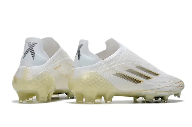 Adidas Chaussures de football blanches dorées avec upper en tricot rayures métalliques pour terrain ferme 5
