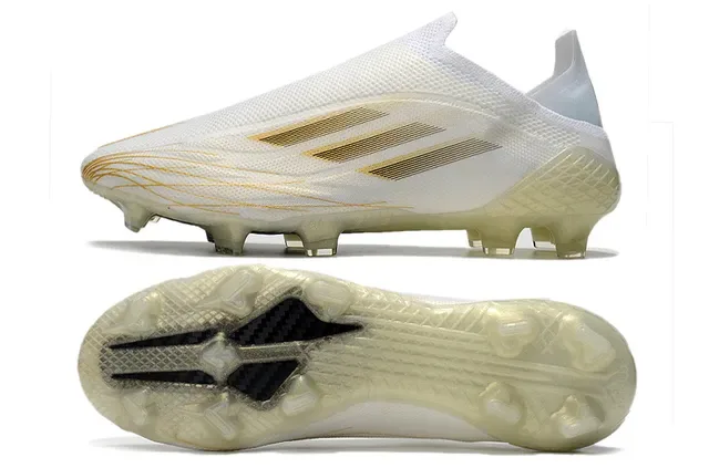Adidas Chaussures de football blanches dorées avec upper en tricot rayures métalliques pour terrain ferme 6