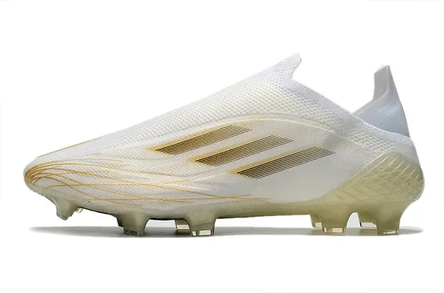 Adidas Chaussures de football blanches dorées avec upper en tricot rayures métalliques pour terrain ferme 7
