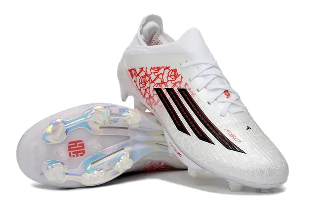 Adidas Chaussures de Football Blancs et Rouges avec Upper Synthétique, Graphique Line-Art Rose, Firm-Ground 3