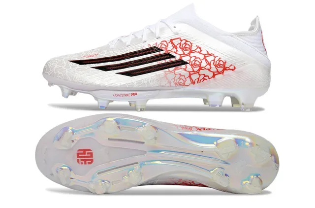 Adidas Chaussures de Football Blancs et Rouges avec Upper Synthétique, Graphique Line-Art Rose, Firm-Ground 5