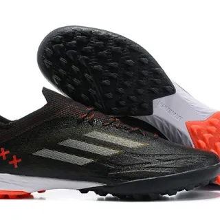 Adidas X কালো কমলা টেক্সচার্ড সিন্থেটিক উপর Metallic তিনটি স্ট্রাইপ ওভারলে আর্টিফিশিয়াল গ্রাস সকার শুজ