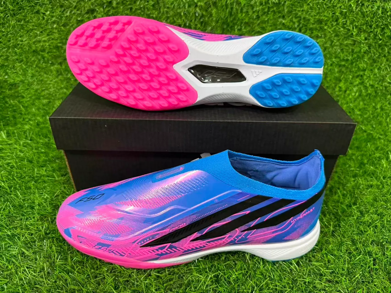 Adidas X Sapatos de futebol de grama com upper sock-fit rosa roxo com overlay de degradê iridescente 7