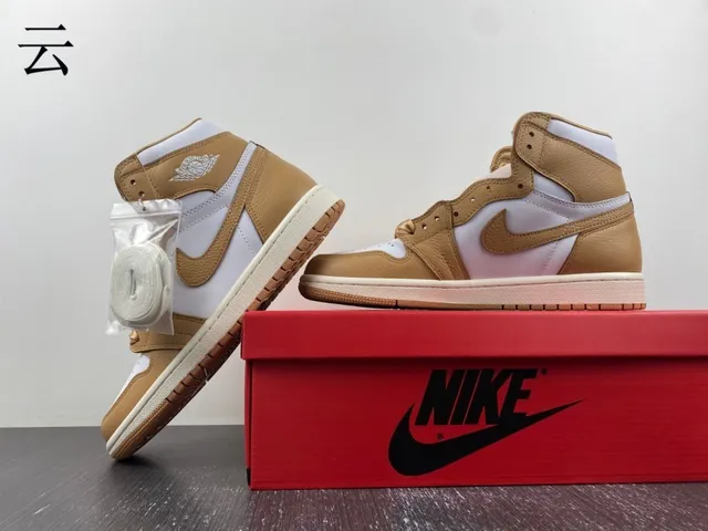 Chaussures de basketball en cuir Air Jordan 1 marron clair et blanc 15