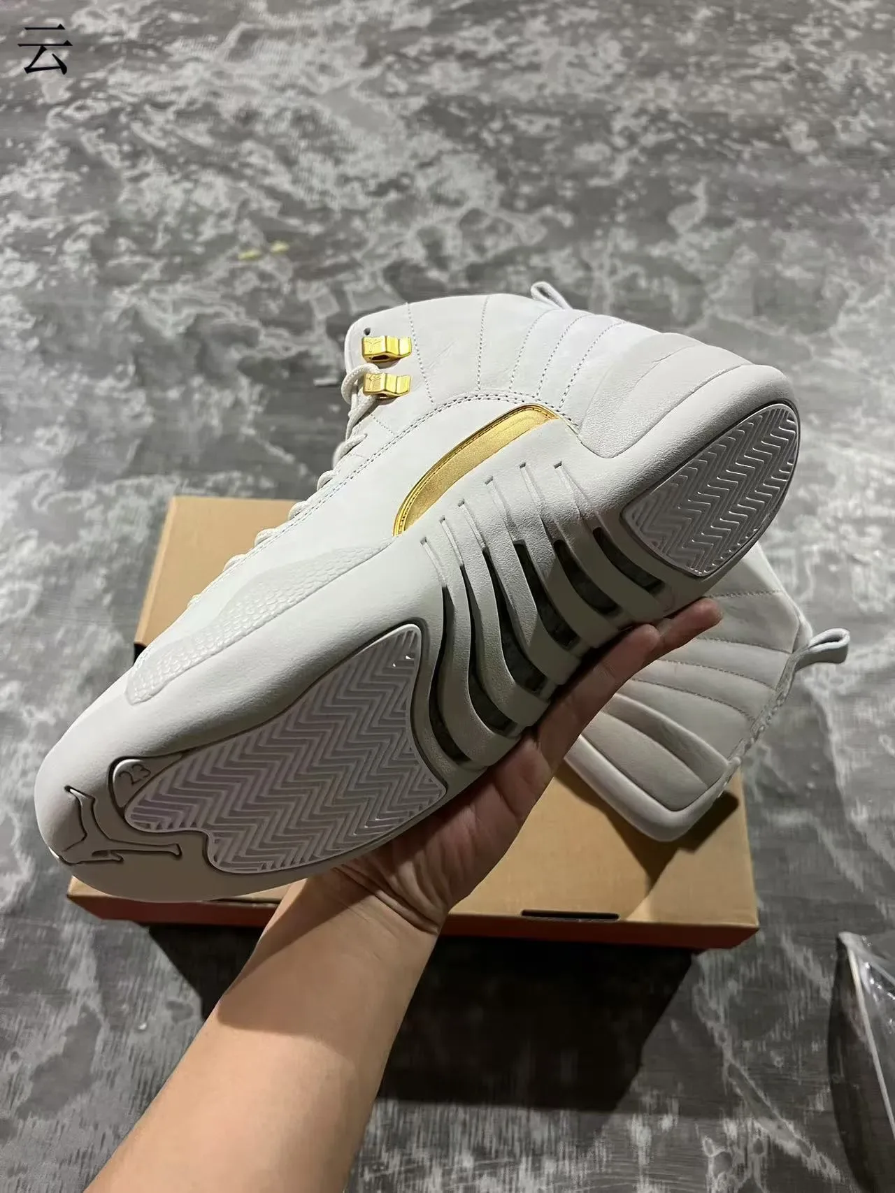 Air Jordan 12 Zapatos de baloncesto gris claro y dorado 6