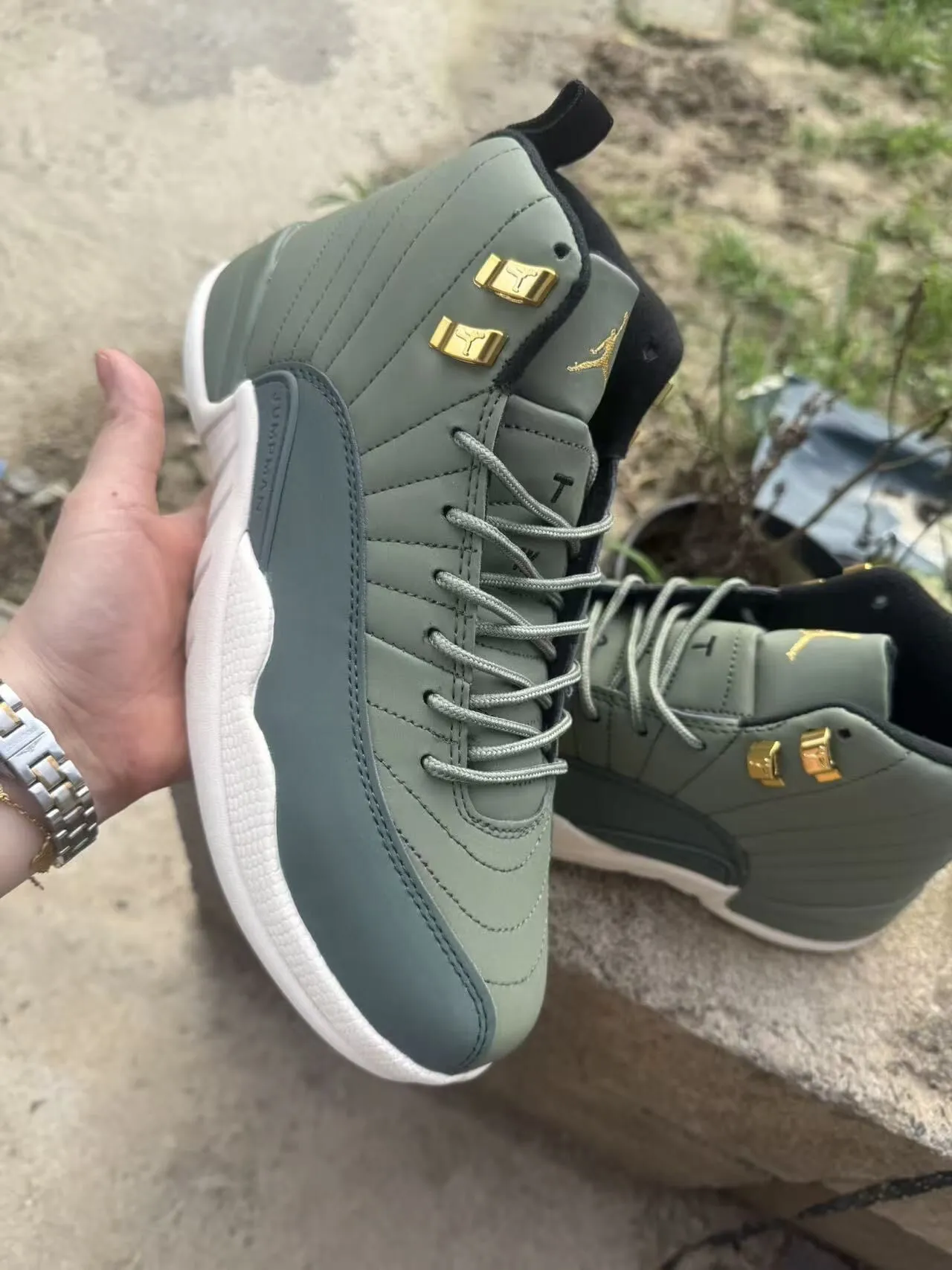 Air Jordan 12 Olive Green and Dark Green High-Top Basketball Shoes 2