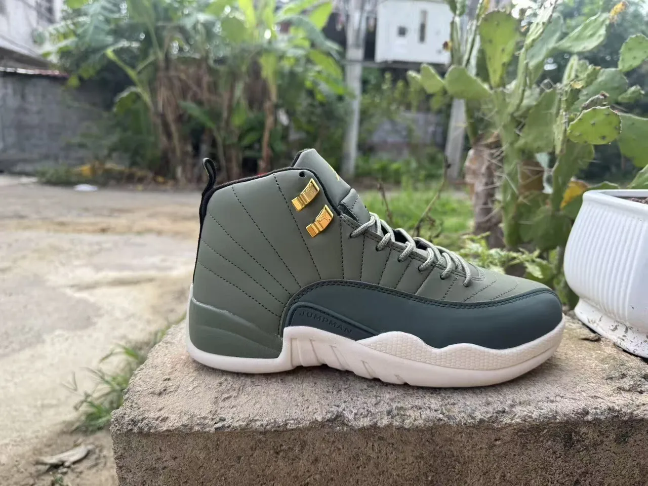 Air Jordan 12 Olive Green and Dark Green High-Top Basketball Shoes 3
