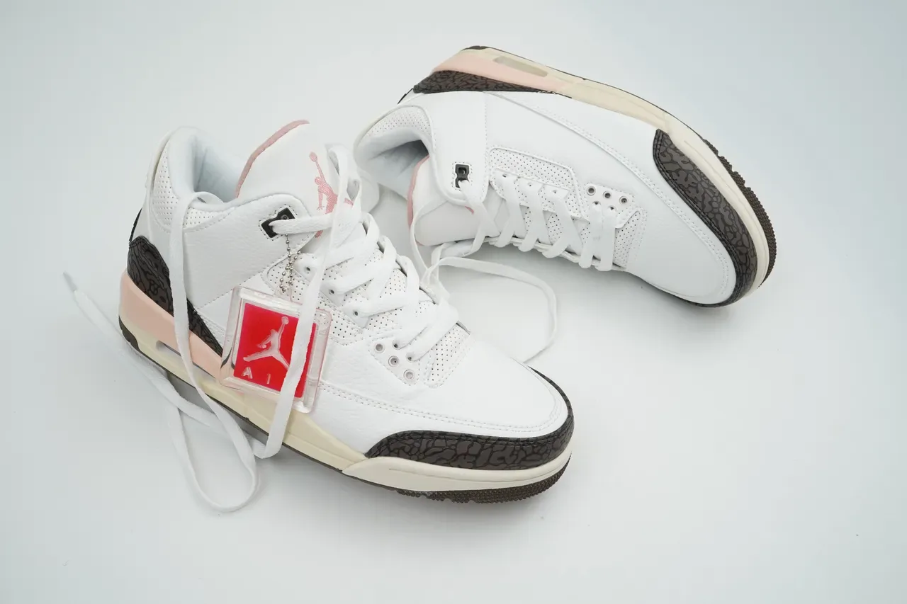 Air Jordan 3 Branco Marrom Rosa Estampa de Elefante Tênis de Basquete 3