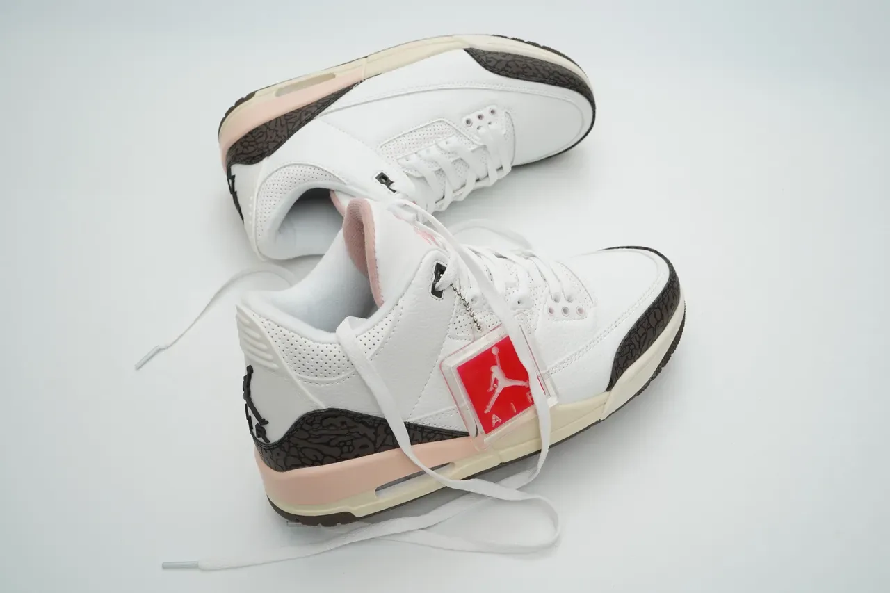 Air Jordan 3 Branco Marrom Rosa Estampa de Elefante Tênis de Basquete 4