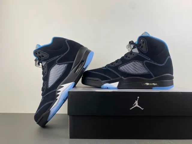 Air Jordan 5 Black Light Blue Suede Basketball Shoes 12