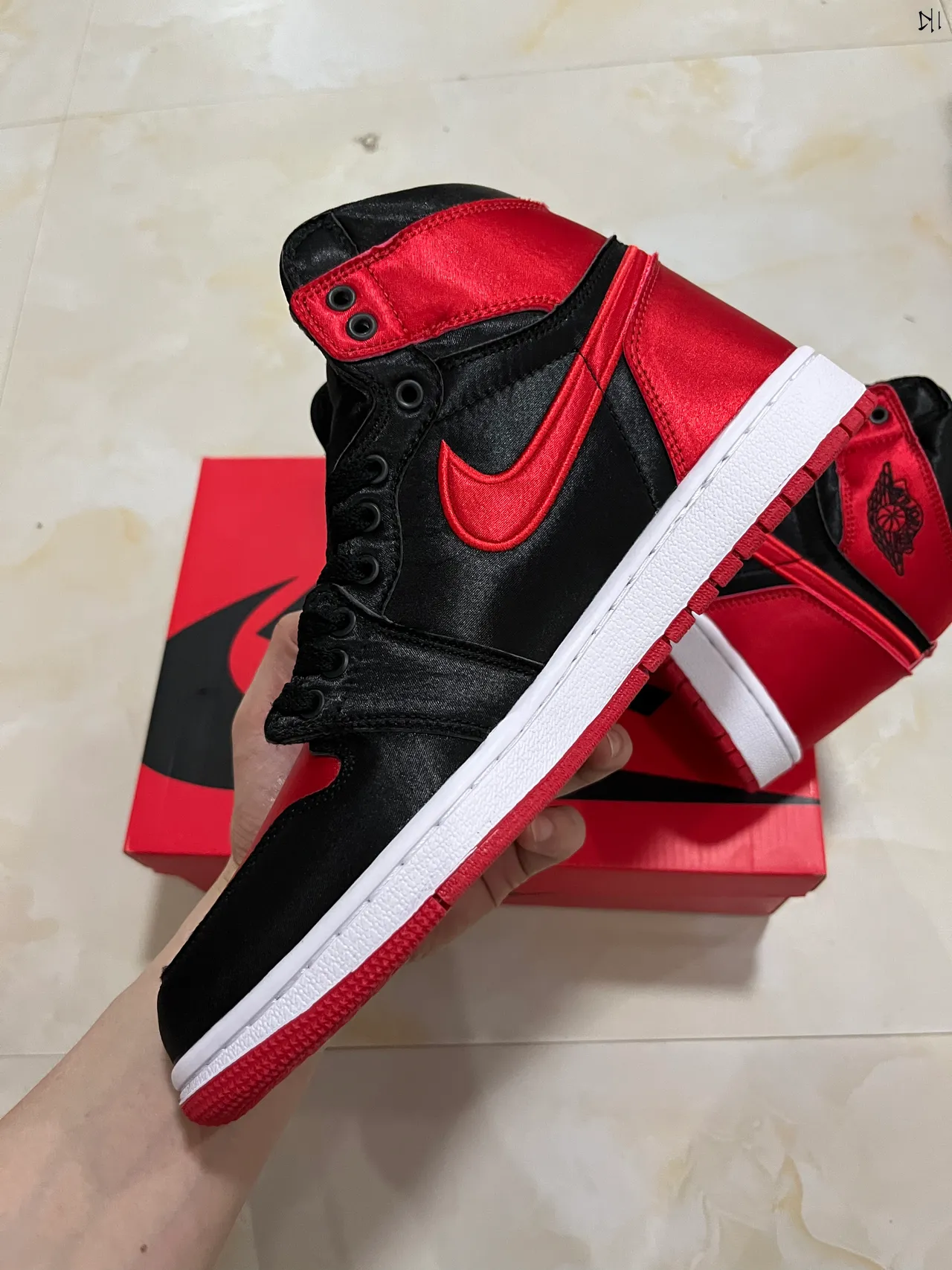 Air Jordan Black Red High-Top Satin Overlay Basketball Shoes 7