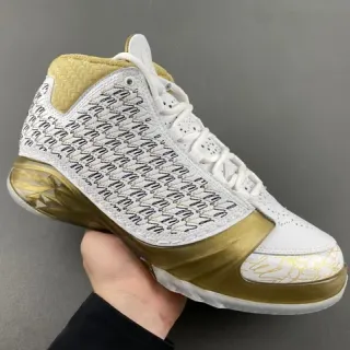 Air Jordan White Gold High-Top Silhouette Perforated Leather Upper Basketball Shoes