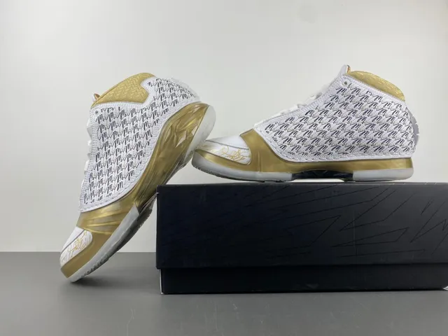 Air Jordan White Gold High-Top Silhouette Perforated Leather Upper Basketball Shoes 14