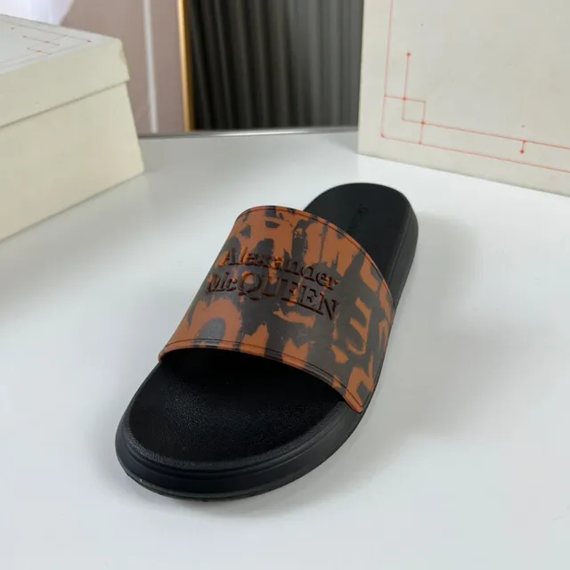Alexander McQueen Black Multicolor Embossed Logo Abstract Camo Print Strap Slippers 1