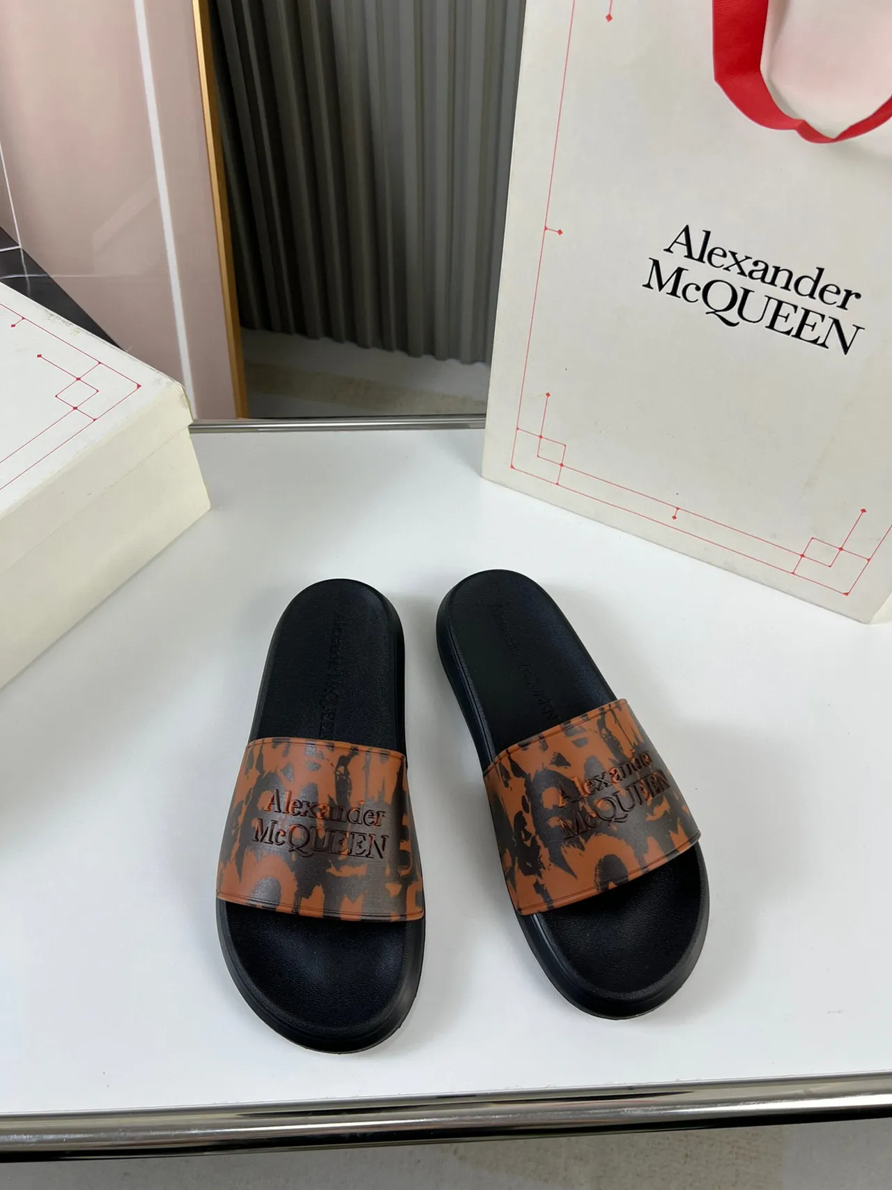 Alexander McQueen Black Multicolor Embossed Logo Abstract Camo Print Strap Slippers 3