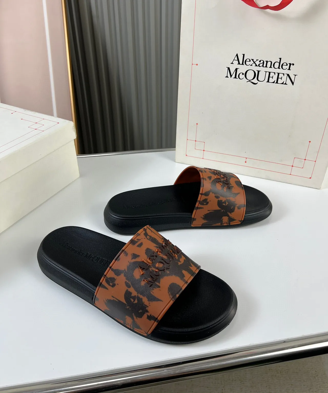 Alexander McQueen Black Multicolor Embossed Logo Abstract Camo Print Strap Slippers 8