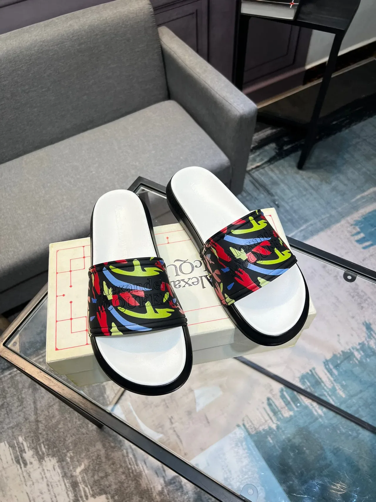 Alexander McQueen Slide Multicolor Abstract Print Slipper 5