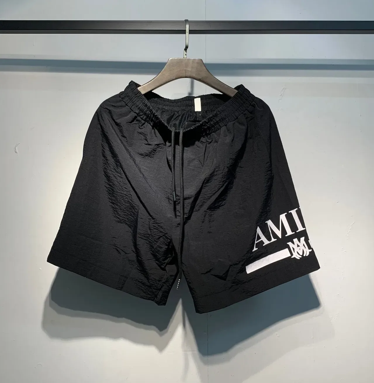 AMI Paris Black Green Lightweight Synthetic Fabric Side Logo Print Shorts 8