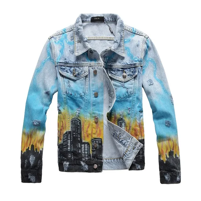 Amiri 手绘火焰城市景观破损牛仔夹克 1